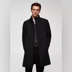 ZARA MAN Black Wool-Blend Tab-Collar Coat
